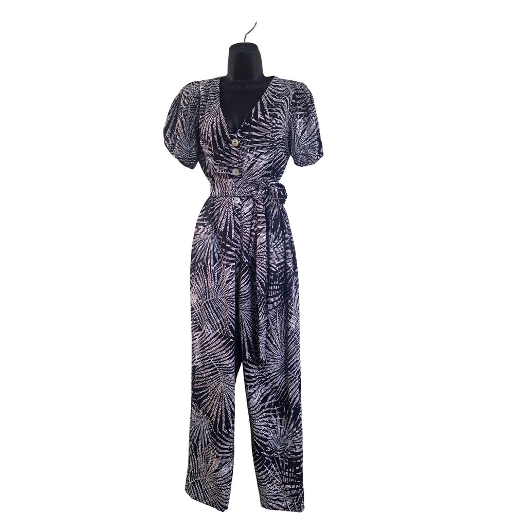 Kensie Women Black Brown Tropical Palm Print V Neck Button Front Jumpsuit Sz‎ 4